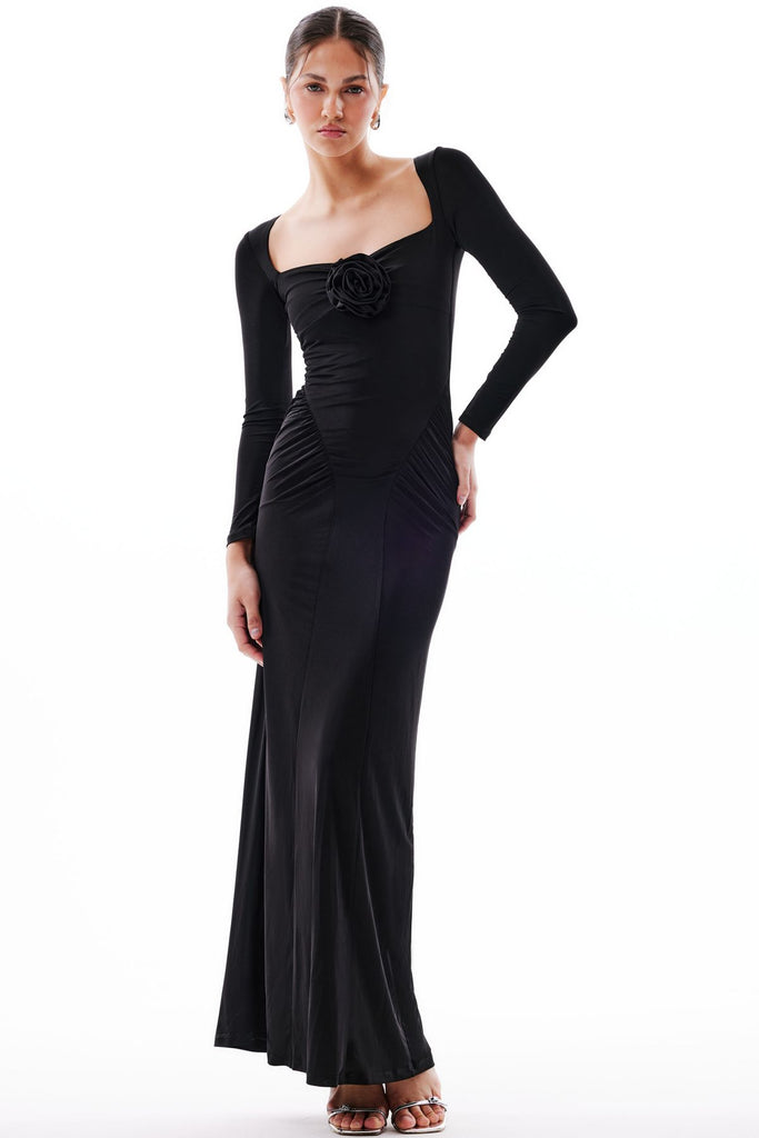 JOELLE Gül Detaylı Uzun Abiye Elbise (Siyah) Love On Friday